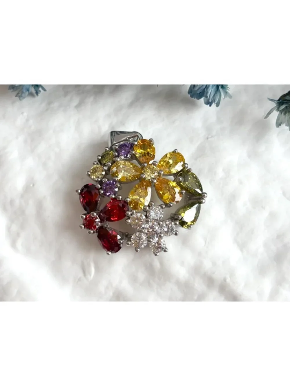 Floral Rainbow Peridot, Citrine, Garnet & CZ Gemstone Vintage Pendant | Charm